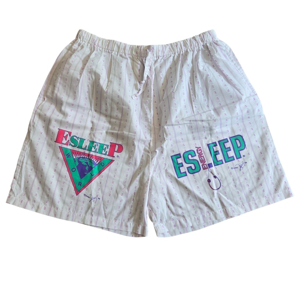 VTG 90s Esleep Energy World Lounge Shorts Graphic Cotton Pajama Boxers Striped